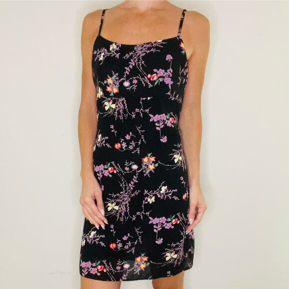 1990s Vintage Mini Slip Dress Sheer Overlay Black w Purple Flowers Size S/M JL - Picture 1 of 11
